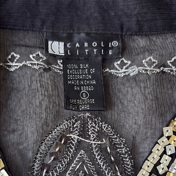 Carole Little Black Embroidered Tunic with Gold & Silver Accents 100% Silk Small - Picture 4 of 4
